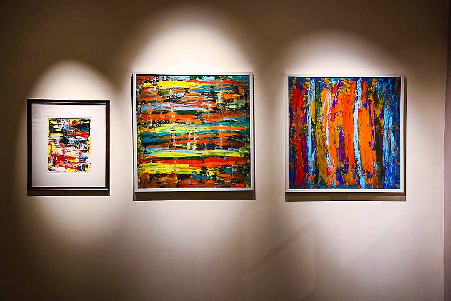 Paintings by Soham Das on display at Art Frequencies on Park Street.