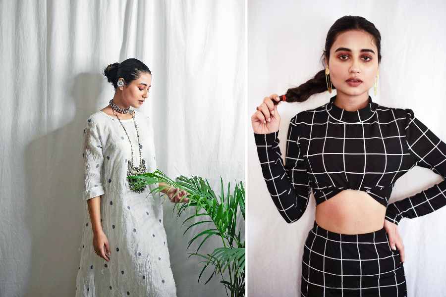 (Left) Swastika likes stepping out for a cup of tea with her friends on a Sunday. And the cotton dress and easy styling fits right in with the mood. (Right) Black-andwhite is a mood. And, Swastika channels it perfectly with a degree of nonchalance