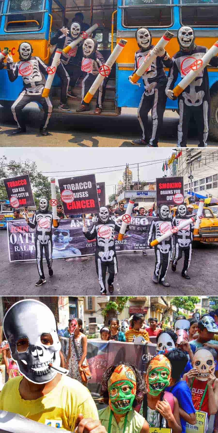 World No Tobacco Day saw a host of rallies being held in the city to spread awareness about the adverse effects of smoking tobacco. Children walked the streets of central and north Kolkata with masks and placards in hand 