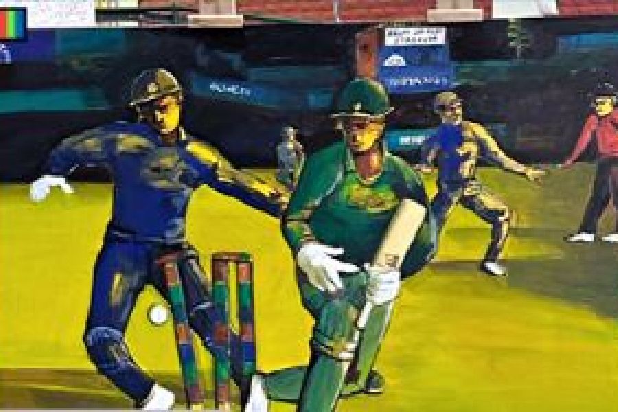 The painting by Paresh Maity depicts a moment from the South Africa-Sri Lanka match in Delhi