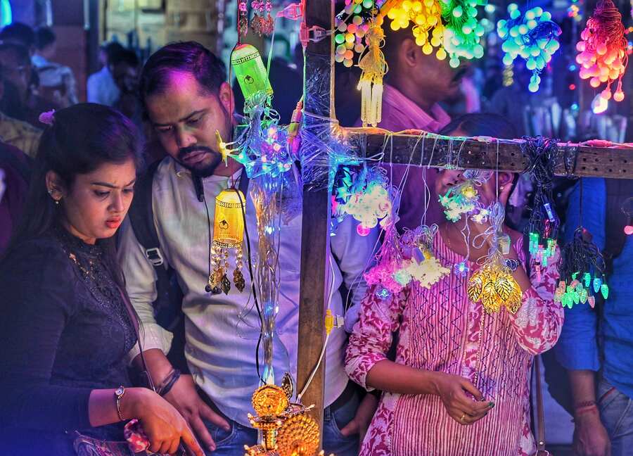 People buying diyas and lights for Diwali at Canning street on Wednesday 