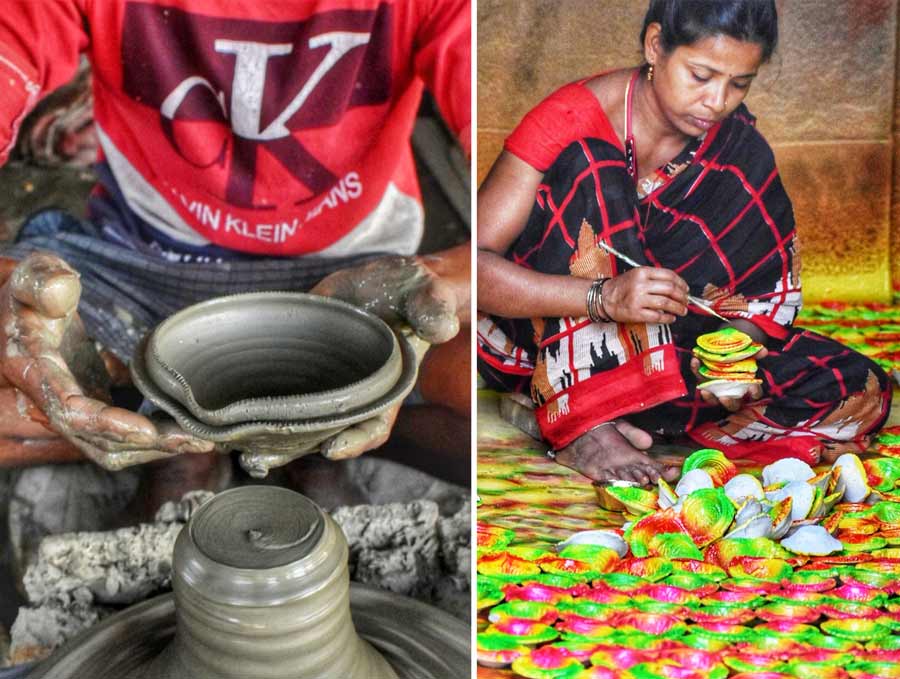 Potters and artisans at Duttapukur in North 24-Parganas district were spotted on Thursday busy making and painting earthen lamps for Kali Puja and Diwali, both of which fall on November 12 this year