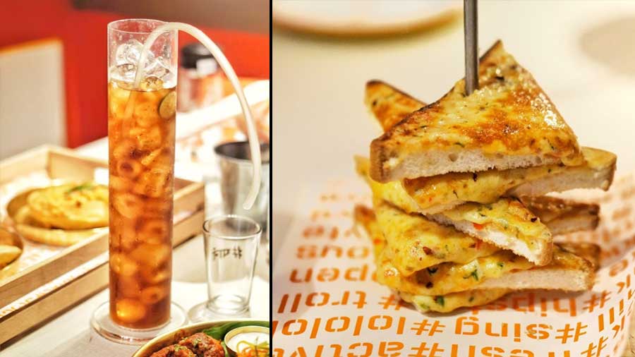The Longest Long Island Ice Tea, and (right) Naga Style Chilli Cheese Toast