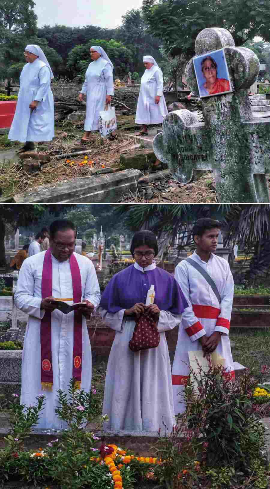 Catholic priests and nuns were seen at the Lower Circular Road Cemetery on Thursday offering prayers at graves. Ranajoy Bose, executive member of the Christian Burial Board, said: ‘The celebration in India also observes All Saints Day the previous day, November 1, when the church pastors or parish priests come and remember the saints and other pastors by offering prayers from the morning at their graves. It’s a bit like Shab-e-Barat among the Muslims and to some extent like Mahalaya among the Hindus to offer prayers to the ancestors’ 