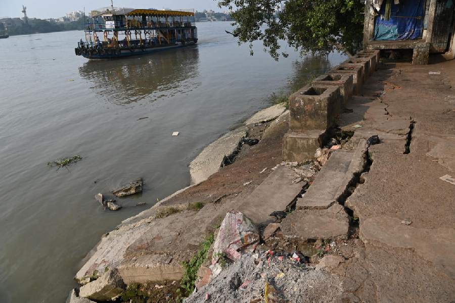 An eroded portion of the riverbank near Burrabazar circular rail station on Wednesday afternoon.