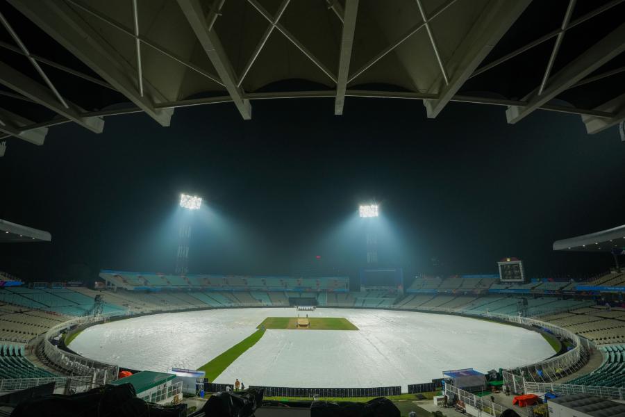 Covers placed on the outfield ahead of the ICC Men's Cricket World Cup 2023 match between India and South Africa, at Eden Gardens in Kolkata, Friday, Nov. 3, 2023.