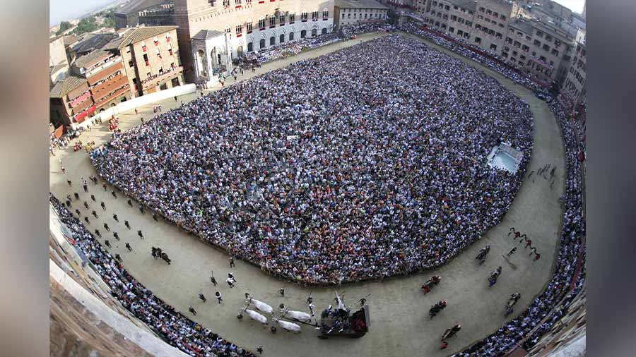 A panoramic view of Piazza del Campo during the famous Palio di Siena 