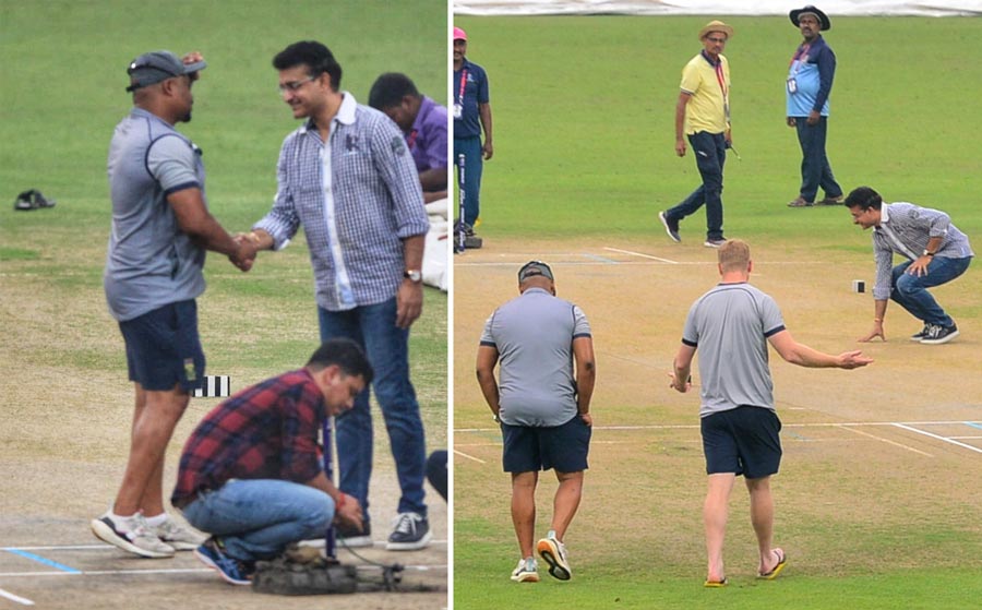 Former Team India skipper and BCCI president Sourav Ganguly interacts with South African players and (right) checks the pitch at the Eden Gardens on Saturday