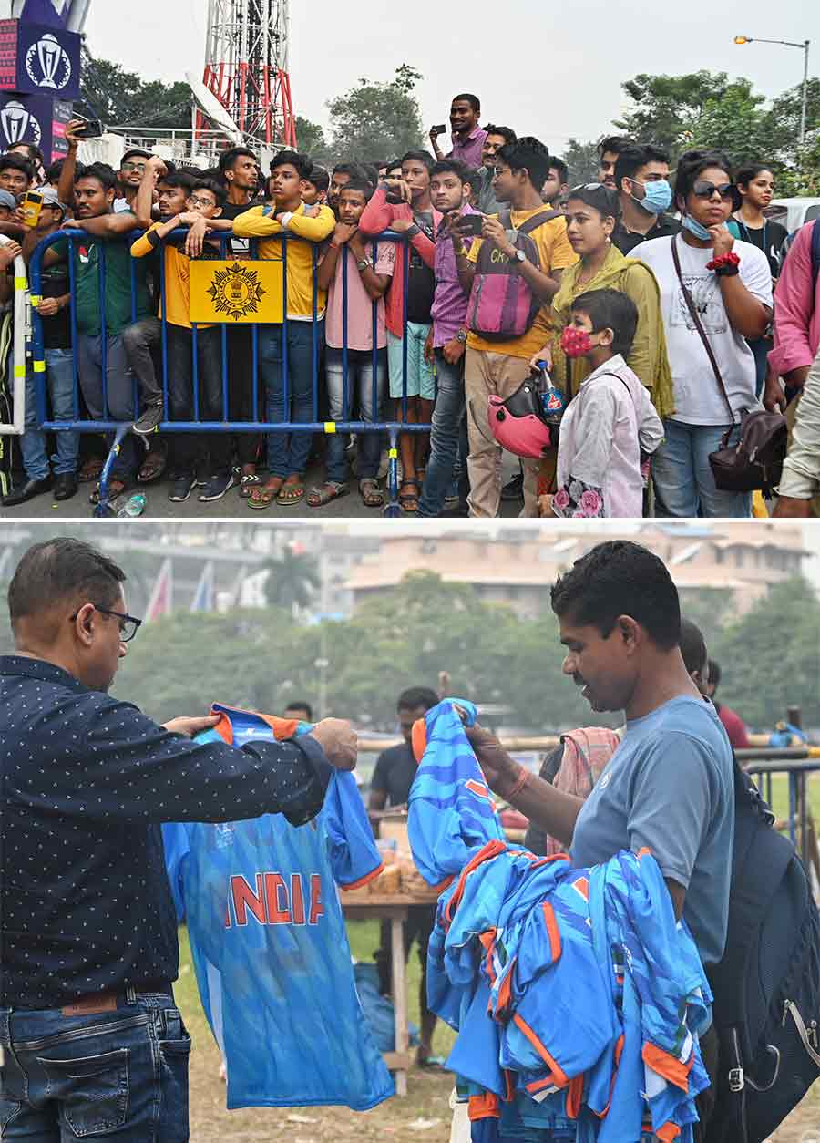  (Top) Cricket fans wait with bated breath to catch a glimpse of Team India players scheduled to arrive at the Eden Gardens for net practice on Saturday and (above) are selling Indian jerseys near the venue