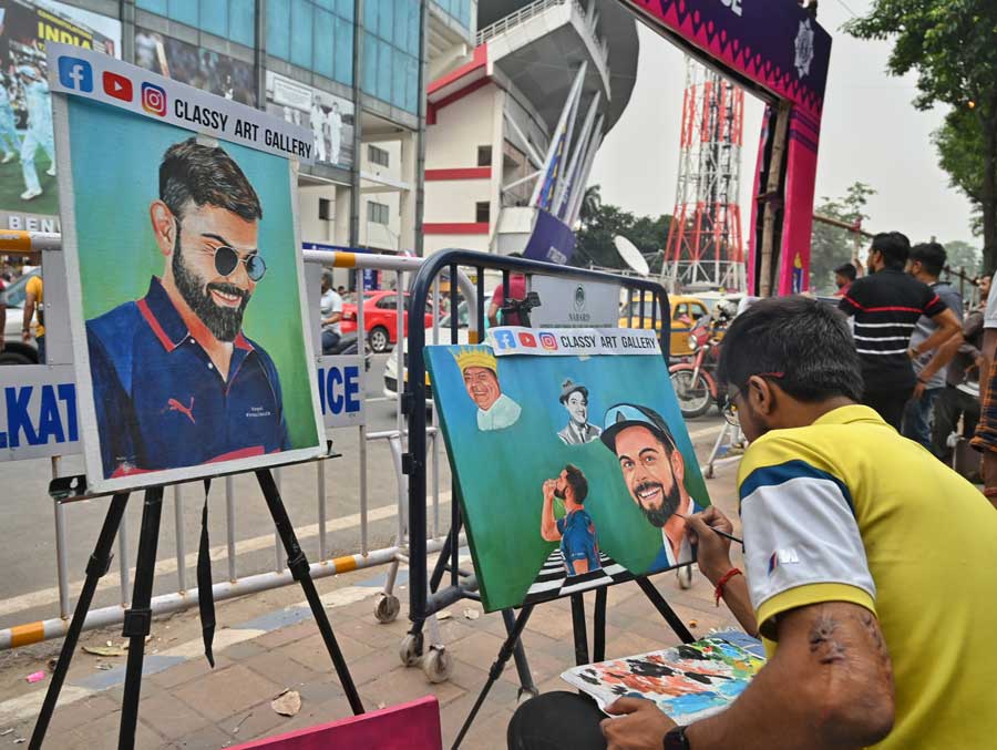 A painter adds to the euphoria surrounding (King) Virat Kohli’s 35th birthday on Sunday by painting his multiple portraits near Eden Gardens