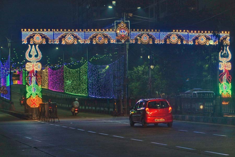 Bright illuminations adorn the Park Street flyover late on Friday night 
