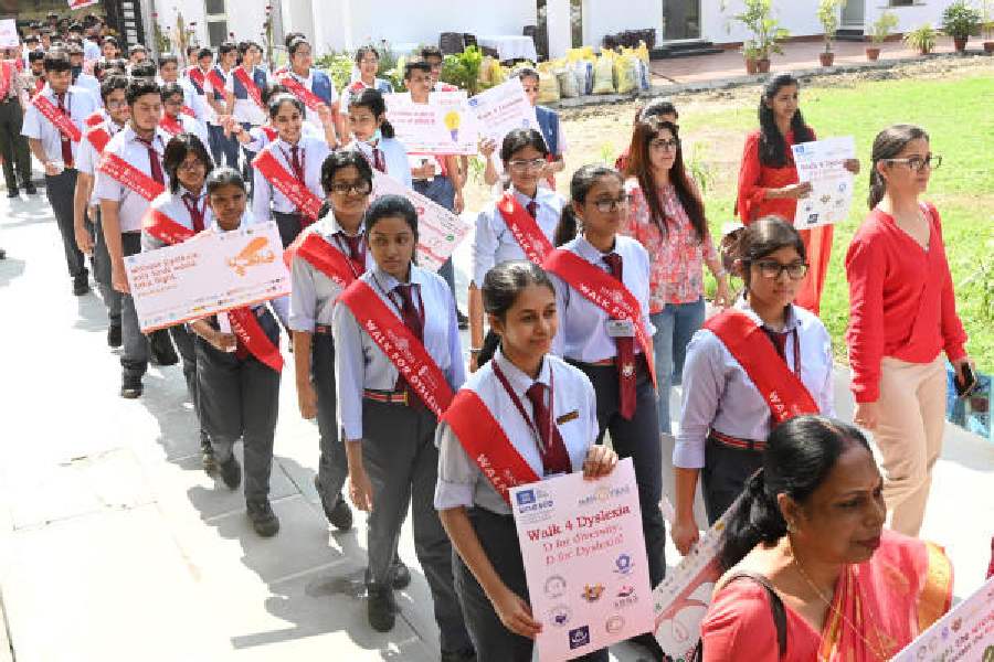 Students in the Walk for Dyslexia in Madurdaha, outside Manovikas Kendra, on Tuesday morning