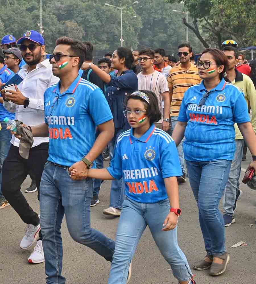 People arrived at the stadium in team India’s blue jerseys and tricolour face-paint
