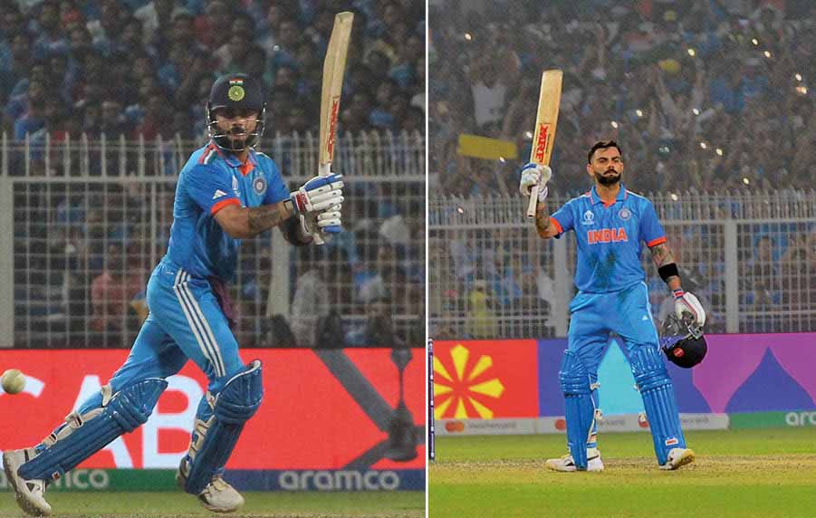 King Kohli in action and (right) raises his bat after his ton. He scored his 49th ODI century, equalling master blaster Sachin Tendulkar’s record and took home the Player of the Match award as the perfect birthday gift