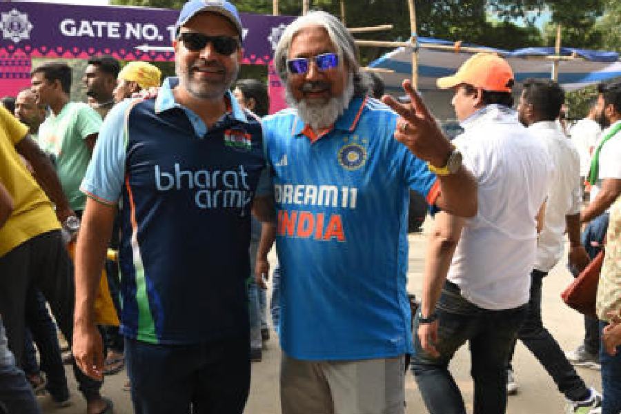 Two men flew in from Houston, Texas, to watch the “preview of the final”. Dhiren Shethia (left) and Jaspreet Pal have been living in the US for three decades but still call themselves “Calcutta boys”. “We are very passionate about cricket and the Men in Blue. We went to the last ODI World Cup (2019) in England as well,” said Shethia who grew up in Tollygunge and went to St Joseph’s College, Bowbazar. “Today’s match is a preview of the final. These two teams are most likely to play in the final as well. The result will be the same though. India all the way,” said Pal, an alumnus of St Thomas’ Boys’ School in Kidderpore.