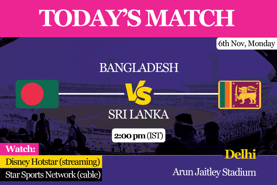 Sri Lankan players wearing masks due to pollution interact with grounds staff and official ahead of their ICC Men's Cricket World Cup 2023 match against Bangladesh at the Arun Jaitley Stadium