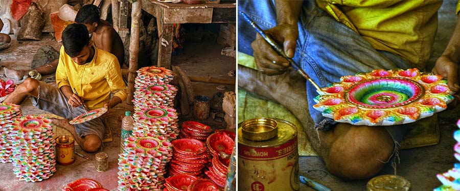 As Diwali approaches, colourful diyas are being crafted by artists at Kalighat   