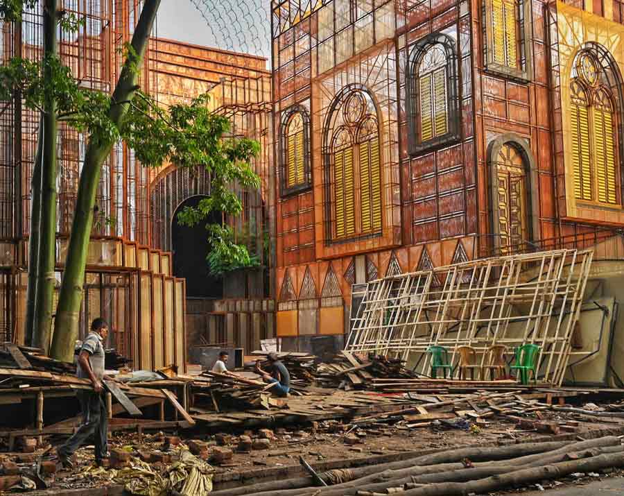 The dismantling of Tala Prattay's Durga Puja pandal is underway  