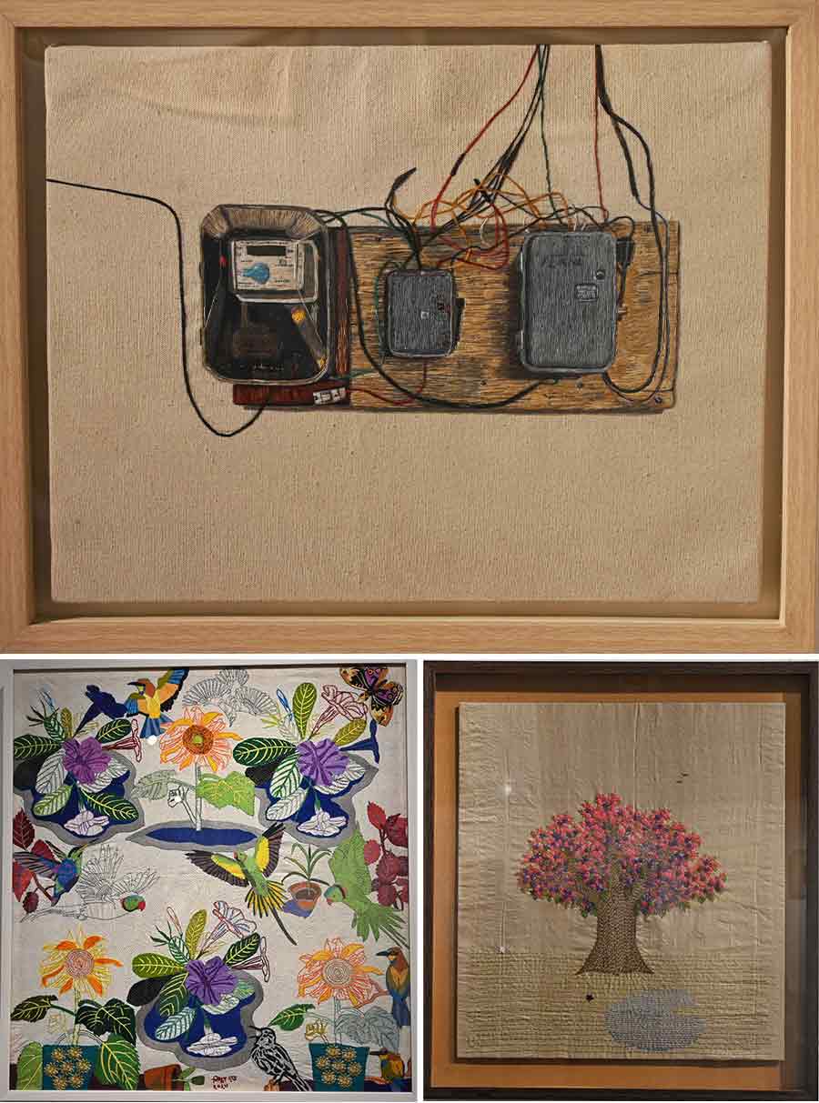 A lot of images made with needle work are also exhibited. From floral aplic work which depicts a garden by artist Shilpa Dutta to images like electric meter box by artist Sandipan Acharya are sure to catch attention.