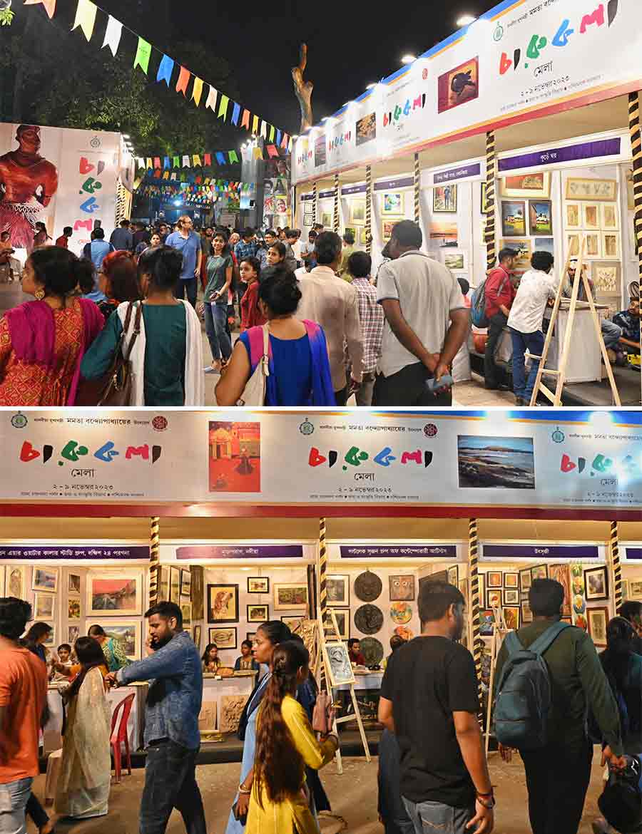 An art mela has also been organised. Stalls of different artists from different parts of Bengal like Nadia, South and North 24-Parganas, Cooch Behar and others have participated. Not only artists, different groups of artists like Salt Lake Srijon group of contemporary artists, Muktoporag and others have taken part  in the mela. You can get framed paintings in different mediums.  Sketches are also available. Price depends on the kind  and size of the painting