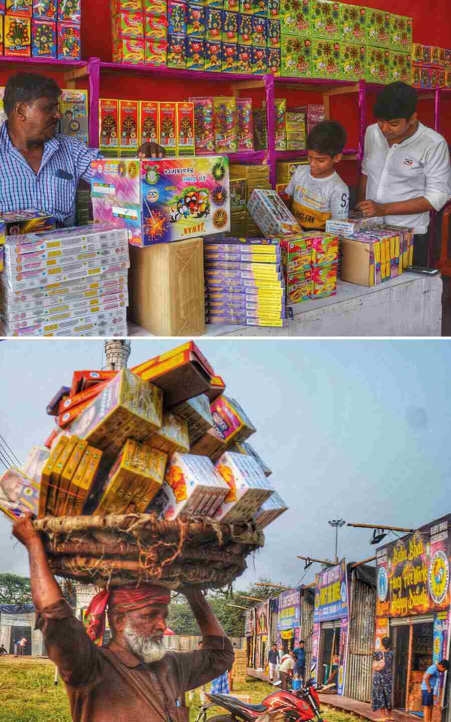 Firecrackers being stacked up at Maidan's Bazi Bazaar ahead of Diwali and Kali Puja. Buyers take a look at the variety on Tuesday   