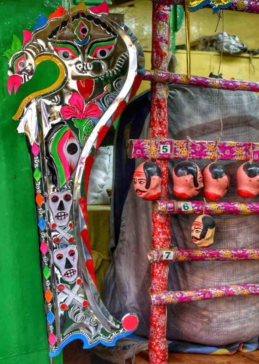 A 'khanda' or a sword is on sale at Kumartuli ahead of Kali Puja  