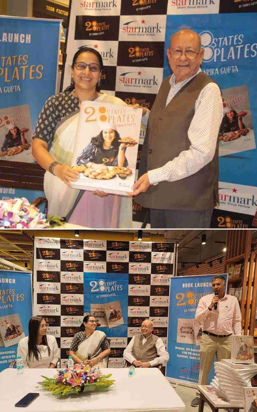 A cookbook titled '28States 28Plates' by Sarika Gupta was released on Monday at Starmark by RS Goenka, co-founder & joint chairman, Emami Group. The book published by Starmark comprises 150 vegetarian recipes across 28 states of India. In picture, (L-R) social influencer Luna Chatterjee in conversation with author Sarika Gupta and R S Goenka   