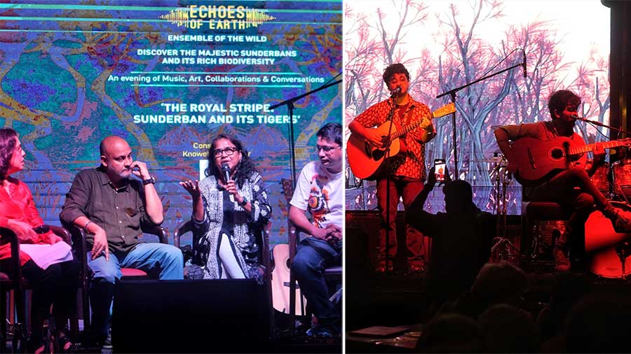(From left) Diti Mookherjee, Joydip Kundu, Ajanta Dey, and Debmalya Roy Chowdhury take part in a panel discussion on the Sunderbans and (right) Kolkata-based band Whale in the Pond performed on the occasion
