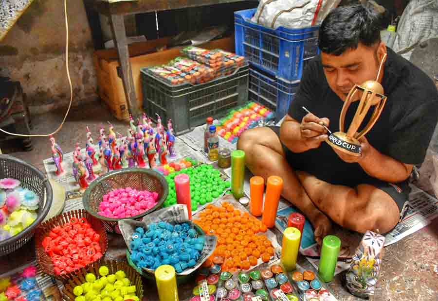 The ICC World Cup 2023 candle for the festival of lights has been created by Tuhim Mukherjee at BK Paul Avenue, Kolkata   