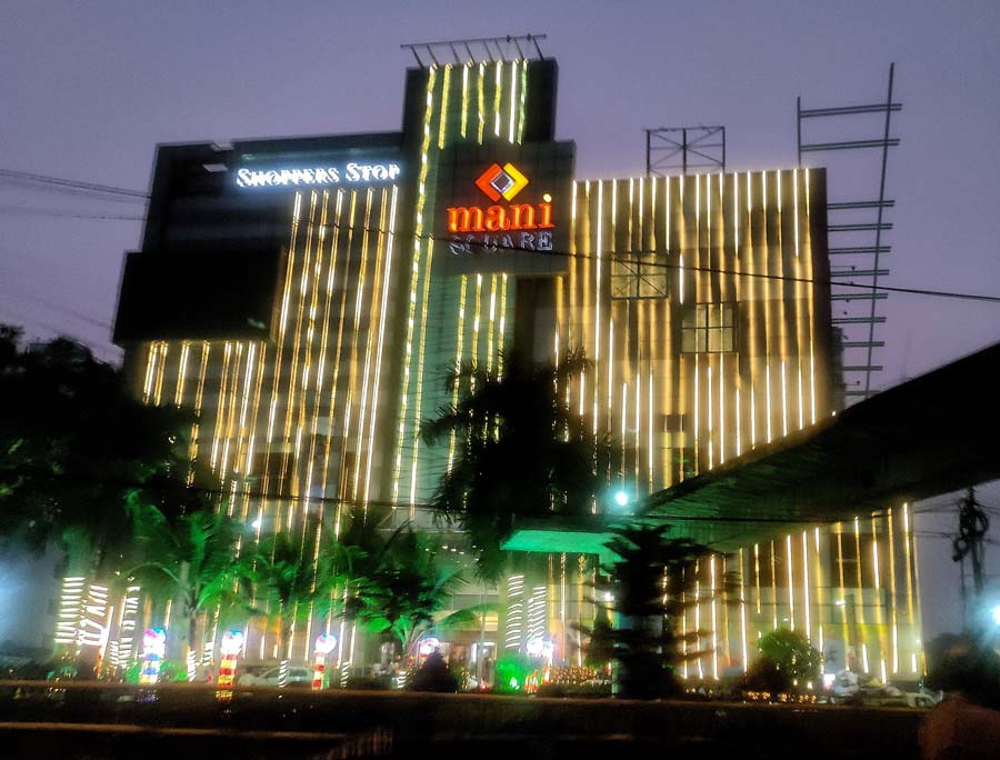 An illuminated Mani Square on Thursday evening awaits last-minute shoppers ahead of Diwali