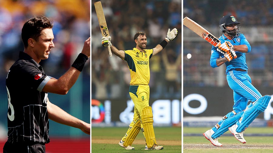 The fifth team of the week of the 2023 ICC Men’s Cricket World Cup in India includes the likes of (L-R) Trent Boult, Glenn Maxwell and Ravindra Jadeja