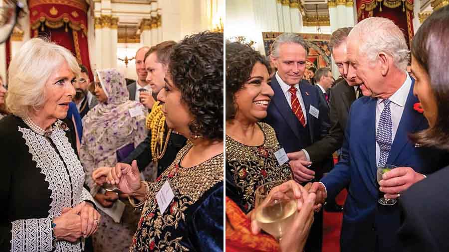 Asma Khan with Queen Camilla and King Charles III at Buckingham Palace in London