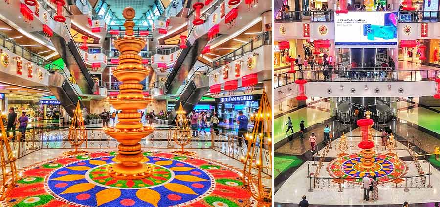 The central lobby on the ground floor of the South City Mall and the floors above wore a dazzling look on Saturday afternoon, a day ahead of Kali Puja and Diwali