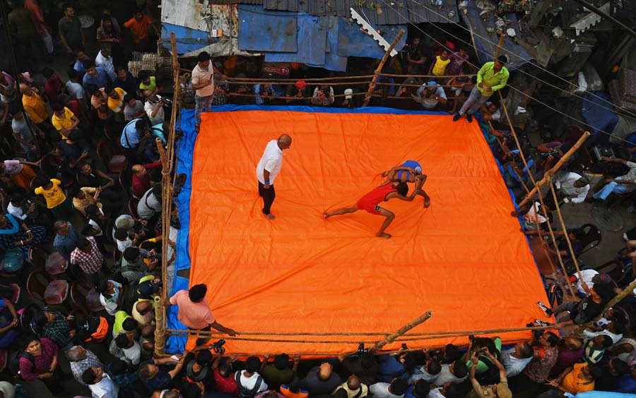 A wrestling competition in progress at Burrabazar on Saturday
