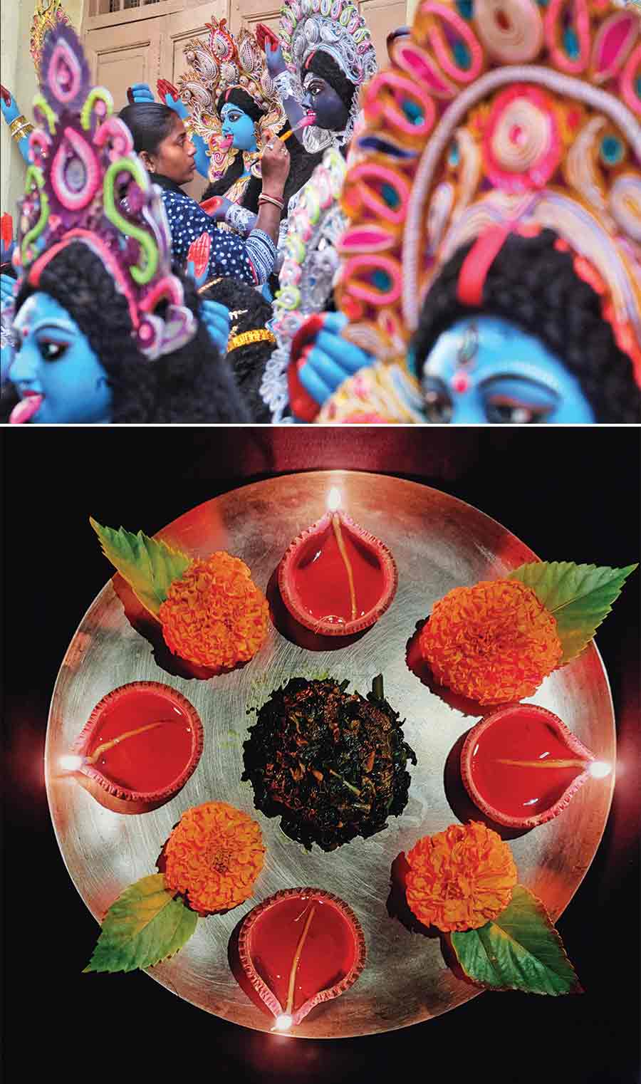 (Top) A woman lends finishing touches to an idol of goddess Kali at Potuapara (potters’ colony) in Kalighat on Saturday and (above) a brass plate at a Kolkatan’s home replete with a blend of 14 kinds of leafy vegetables. The ritual on Bhoot Chaturdashi comprises eating the mixed vegetables and lighting 14 earthen lamps a day before Kali Puja and Diwali