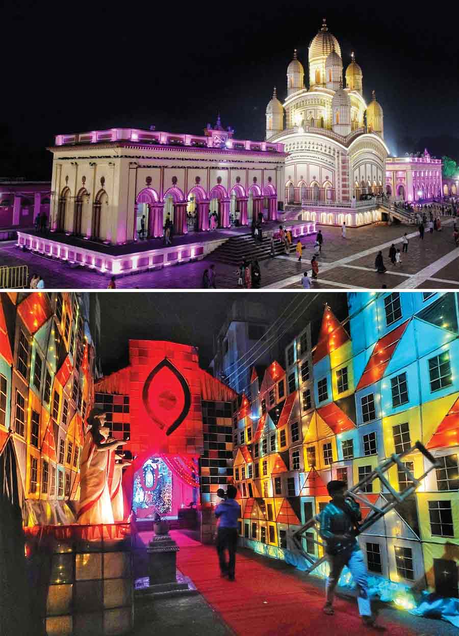 (Top) Colourful fairy lights lend an ethereal look to the Dakshineswar Kali Mandir on the eve of Kali Puja and (above) finishing touches being given to a Kali Puja pandal at Netaji Nagar  