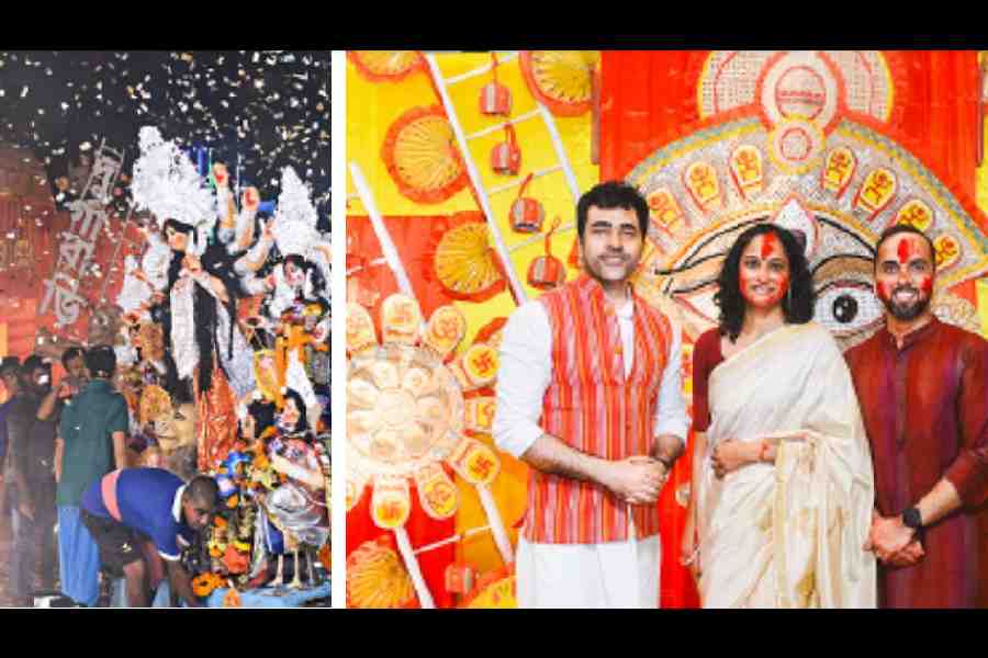 (l-r) The immersion happened with great fanfare, with fireworks and confetti burst, making it even more memorable. Actor Abir Chatterjee (left) and Arjun Kaggallu, general manager, Novotel Kolkata Hotel and Residences, with wife Nikita Inamdar, soaked in the festivities. “Durga Puja, the much awaited and widely celebrated festival in West Bengal, signifies the arrival of the goddess Maa Durga, the embodiment of power and strength, and is a time for family reunions and community bonding. Novotel Kolkata was thrilled to be at the centre of these celebrations, and this year, they ensured to pull out all the stops for an unforgettable experience for all attendees,” said Arjun 