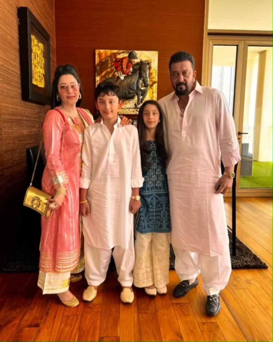 “Embracing the warmth of lights and the glow of togetherness with my family,” wrote Sanjay Dutt alongside a picture of him posing with his family.