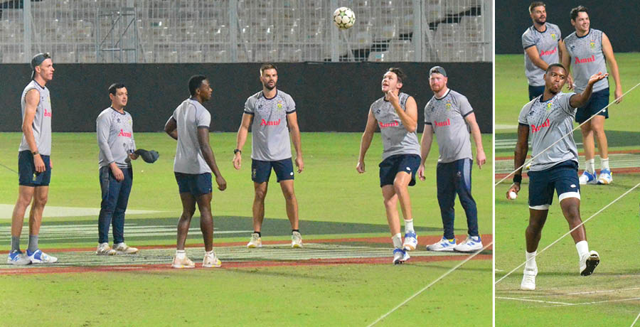 Team South Africa sweat it out at the Eden Gardens on Tuesday before their face-off match with Australia on November 16   