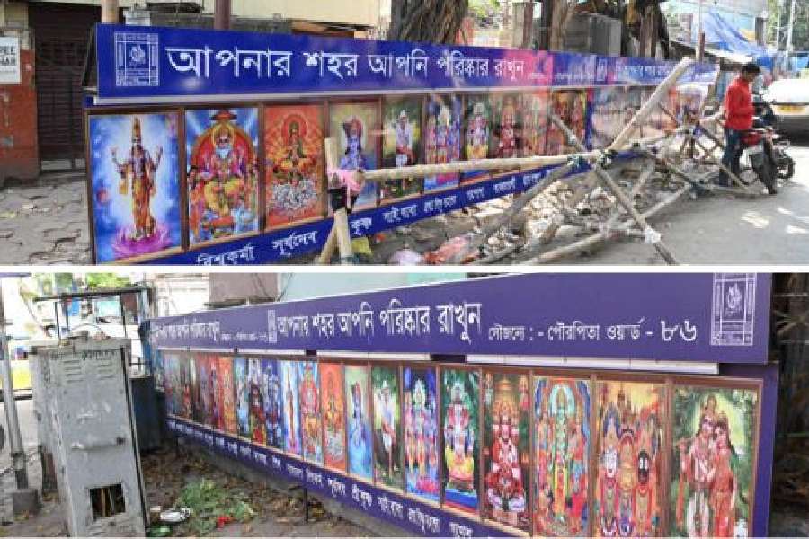 Images of gods and goddesses along roads in Hazra on Tuesday