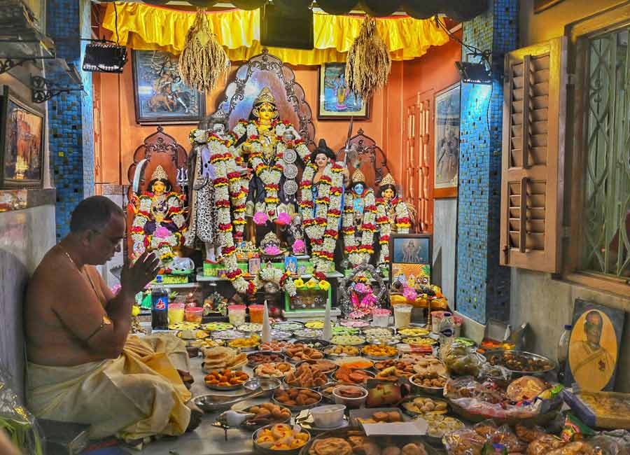 The deities being worshipped at the Annakut Utsab in the Bhattacharya family house in Bagbazar on Tuesday 