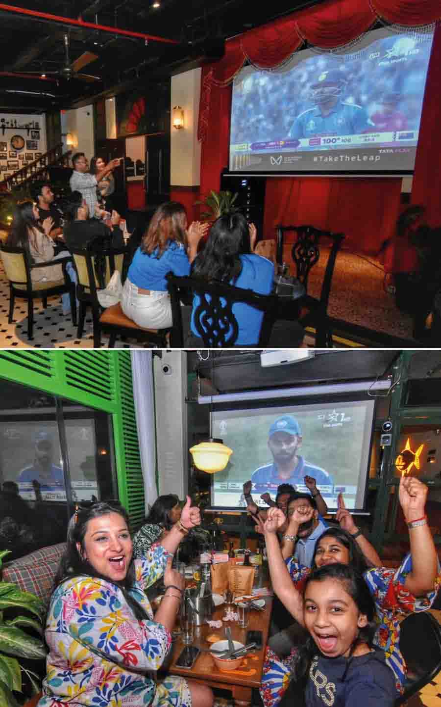 Social, Park Street: Every branch of Social in India is hosting a screening of the semi-finals. The #DoosraStadium at Kolkata’s Park Street Social set up the screen on the live stage on the first floor, and people turned their chairs towards the screen to get a better view, cheering and clapping every time India batted well. Anika Narula (bottom, first from left) and her group cheered the loudest when man-of-the-moment Virat Kohli was on screen. Social is also hosting a competition on their social media