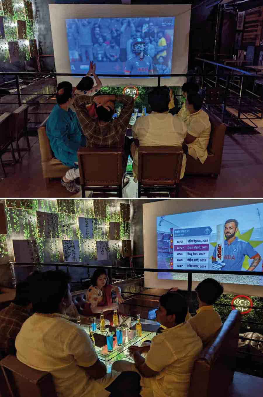 One Sip, New Town: There was a cheerful atmosphere at New Town’s One Sip with a live screening of the match as guests were treated to free shots on every sixer and wicket by team India. People turned up with their friends and family for a double celebration with many celebrating Bhai Phonta in the city today, to enjoy the electrifying match over good food and drinks