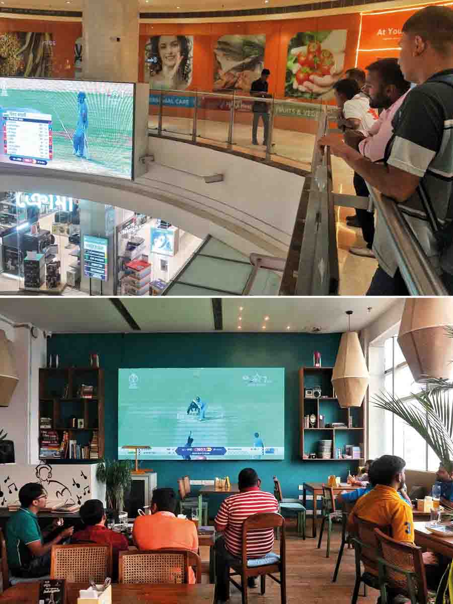 (Top) Acropolis Mall's giant screen kept visitors hooked to the exciting match. (Bottom) Hoppipola, the popular restobar, also had fans engrossed in the game