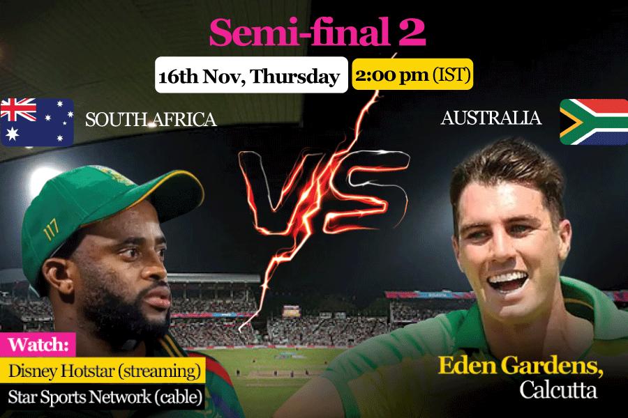 Australia's players celebrate the wicket of South Africa's batter Quinton de Kock during the ICC Men's Cricket World Cup 2023 semi-final match between South Africa and Australia, at the Eden Gardens