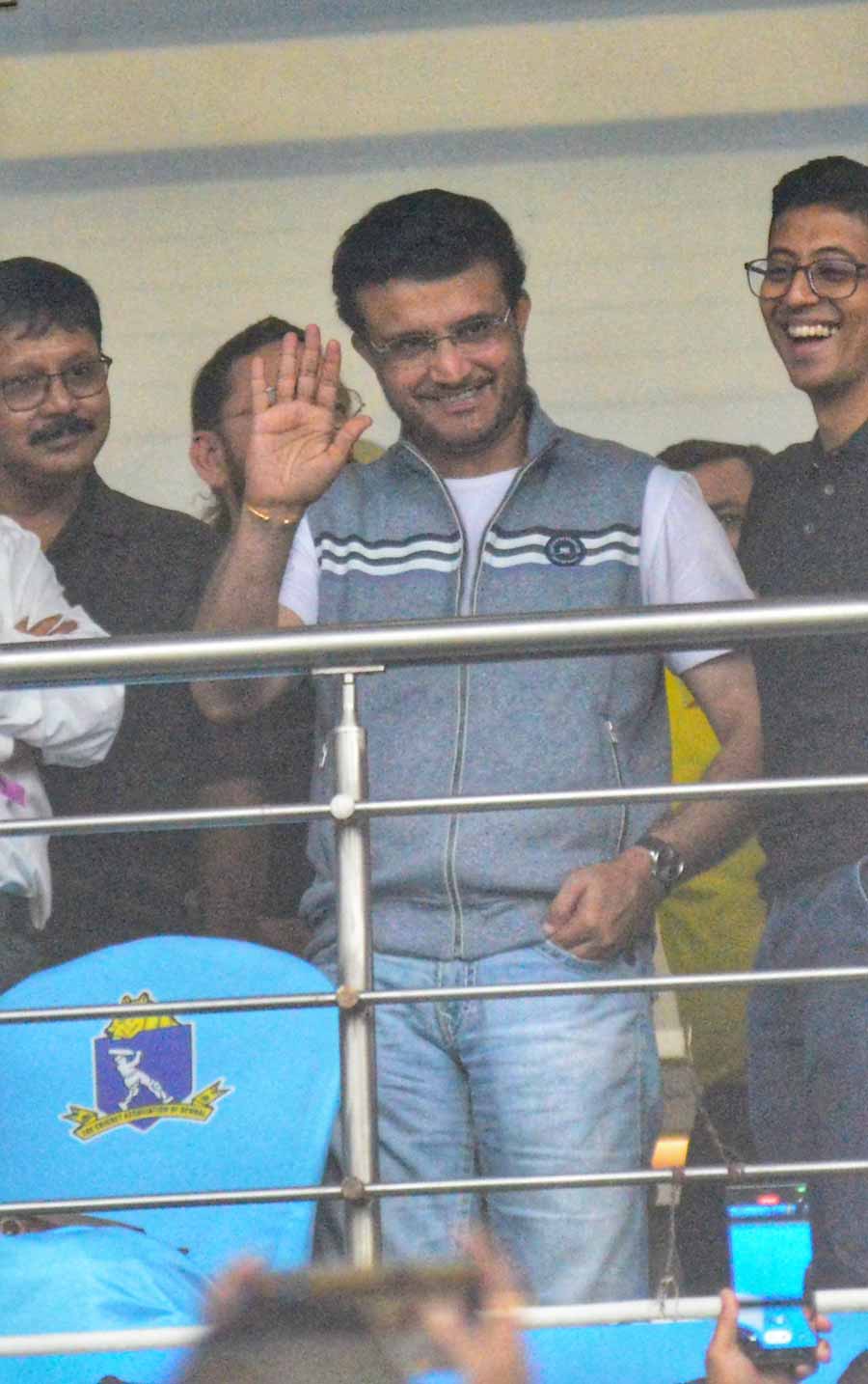 Former Team India skipper and former BCCI president Sourav Ganguly waves at fans
