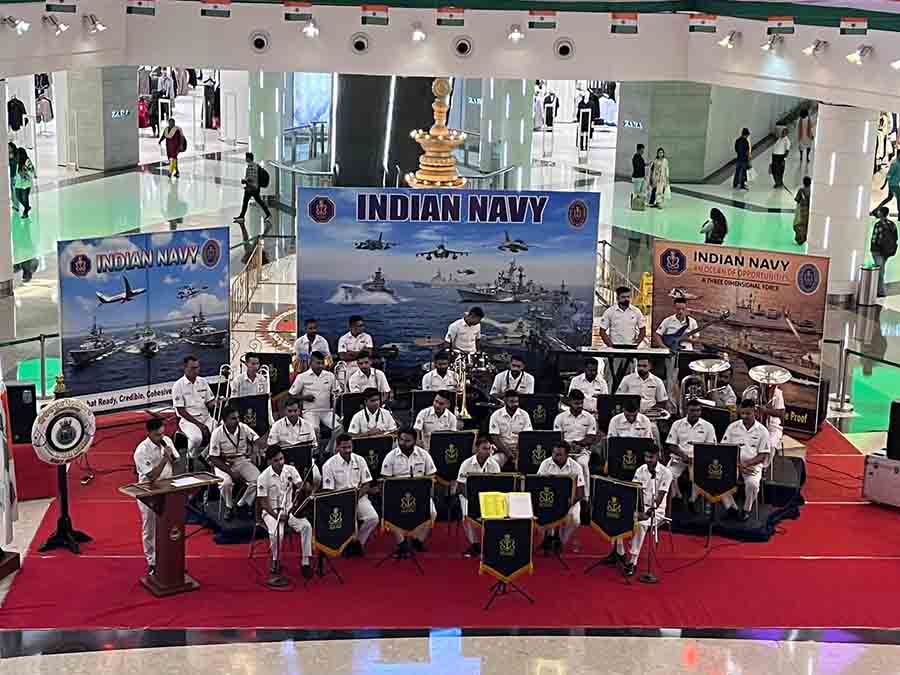 Celebrating the Indian Navy Week 2023, the Indian Navy Band of the Eastern Naval Command performed in a live concert at the South City Mall on Thursday   