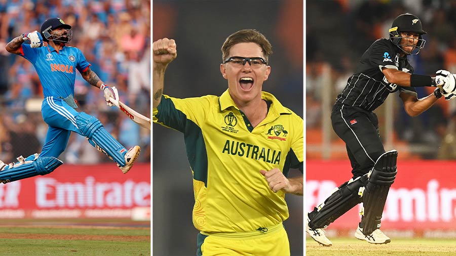 After five editions of the best weekly XI of the 2023 ICC Men’s Cricket World Cup in India, My Kolkata brings you the team of the tournament, which includes the likes of (L-R) Virat Kohli, Adam Zampa and Rachin Ravindra