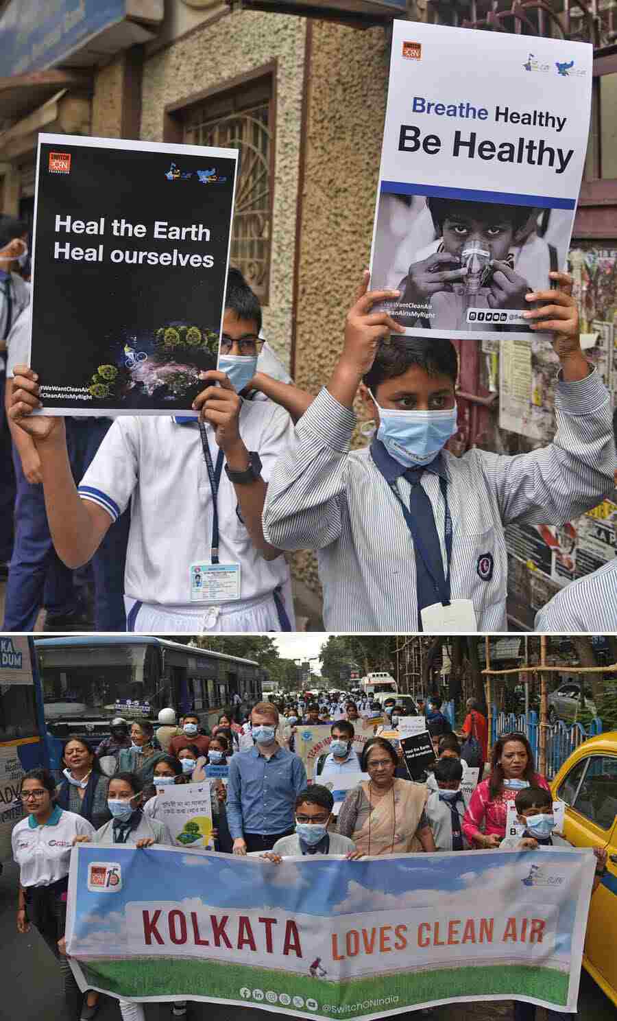 A walk was organised by Switch On Foundation from P C Chandra Jewellers (Elgin Road) to Academy of Fine Arts to spread awareness about air pollution. Various school students took part in the walk. They carried placards with awareness slogans and messages. Sudeshna Roy, chairperson, West Bengal Commission for the Protection of Human Rights; Karuna Singh, country director, Earth Day Network, were present 
