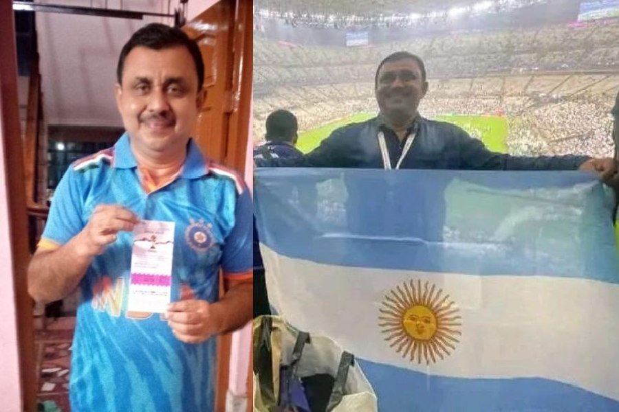 Subhendu Bandyopadhyay with his ticket to Sunday's World Cup final in Ahmedabad; (right) Bandyopadhyay with the Argentina flag for the football World Cup final in Doha in December 2022